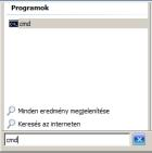 Gépeljük be a keresőmezőbe a cmd karaktersort! A Windows megkeresi a cmd nevű programot, amelyet a menü felső részén meg is jelenít egy kis fekete szimbólummal.